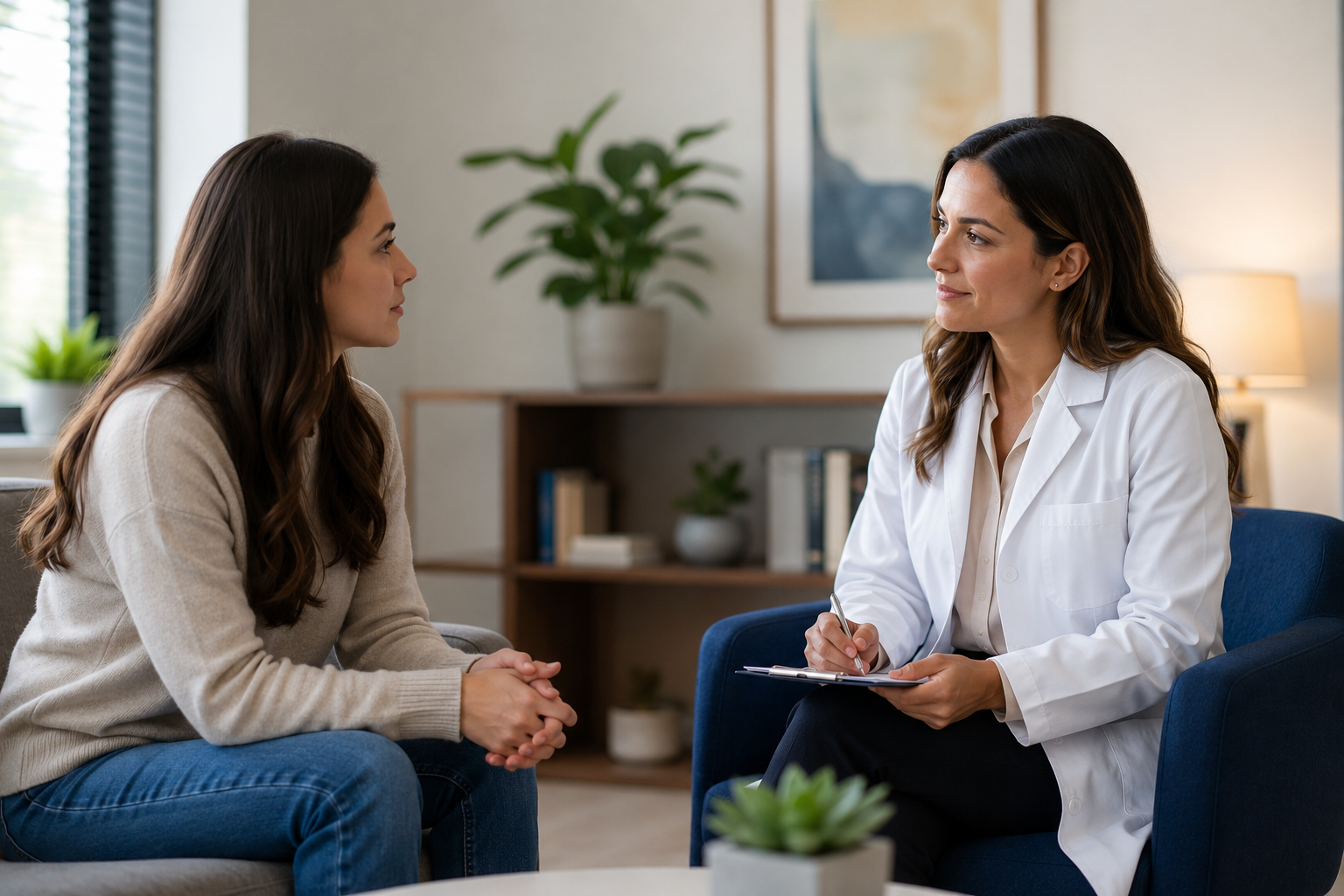 Semaglutide vs Tirzepatide for Weight Loss in Frisco, TX: What to Know 7 Patient meeting with a psychiatric mental health nurse practitioner during a consultation in a comfortable outpatient clinic setting.